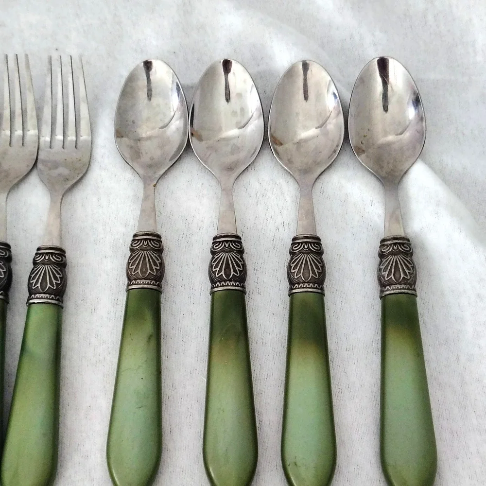 16 Argent Orfevres Green Spoon Fork Knife Sophia Pattern Stainless Steel 188 VTG